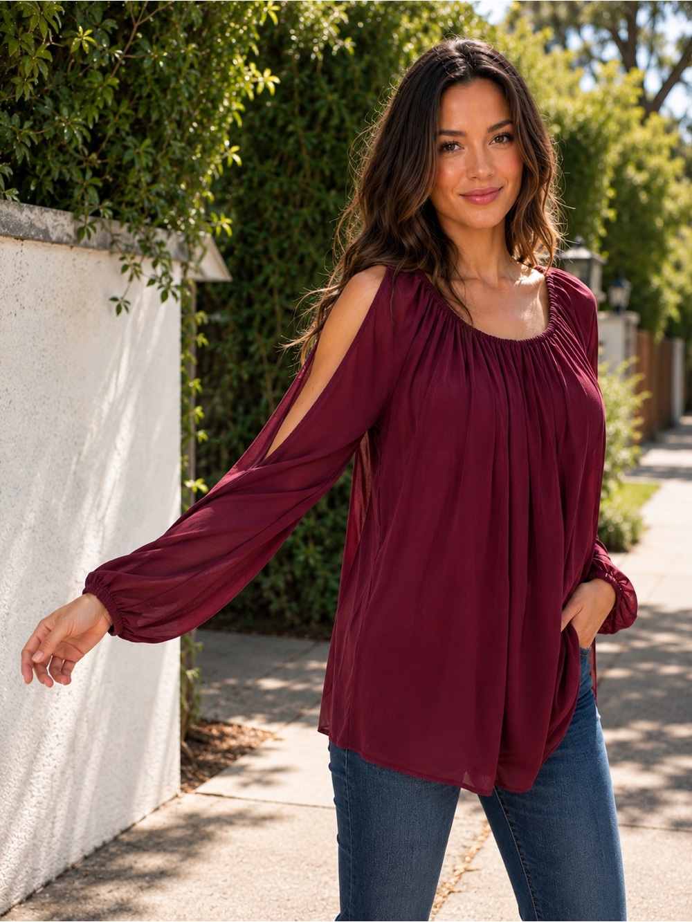 CHASER Burgundy Cold Shoulder Flowy Blouse Size L